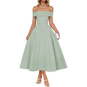Women's Light Green Elegant Off Shoulder Short Sleeve Swing A Line Midi Dress